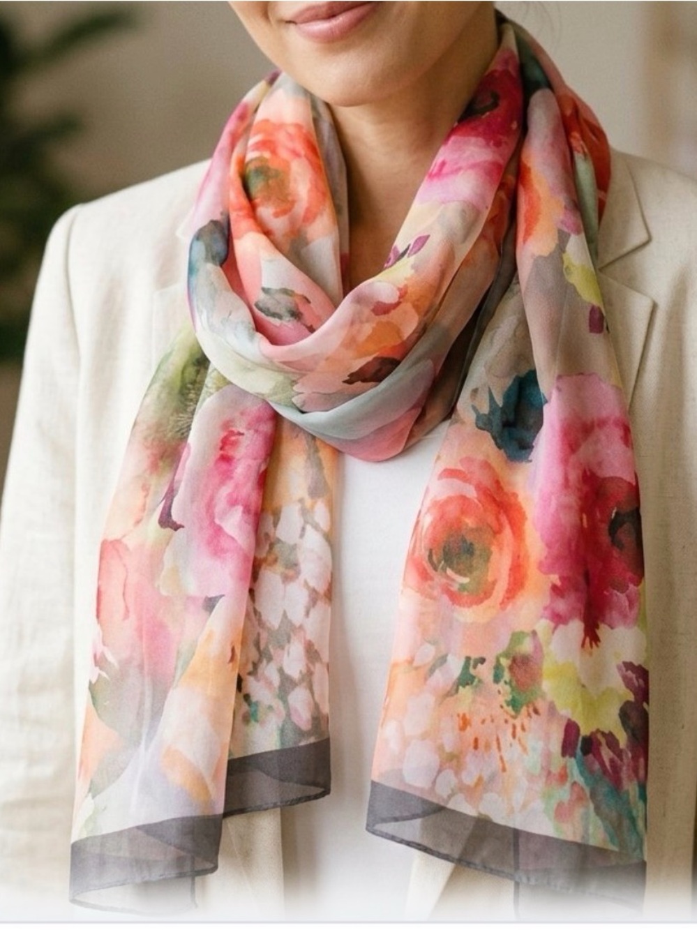 Gorgeous Floral Watercolor Chiffon Scarf - Pink, Coral, Green